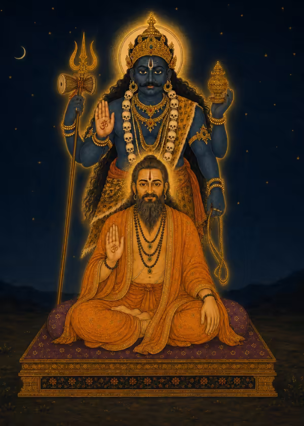 A serene, meditating Guru with the cosmic form of Lord Bhairava standing behind him, showing how a living Guru acts as a safe conduit for divine energy.