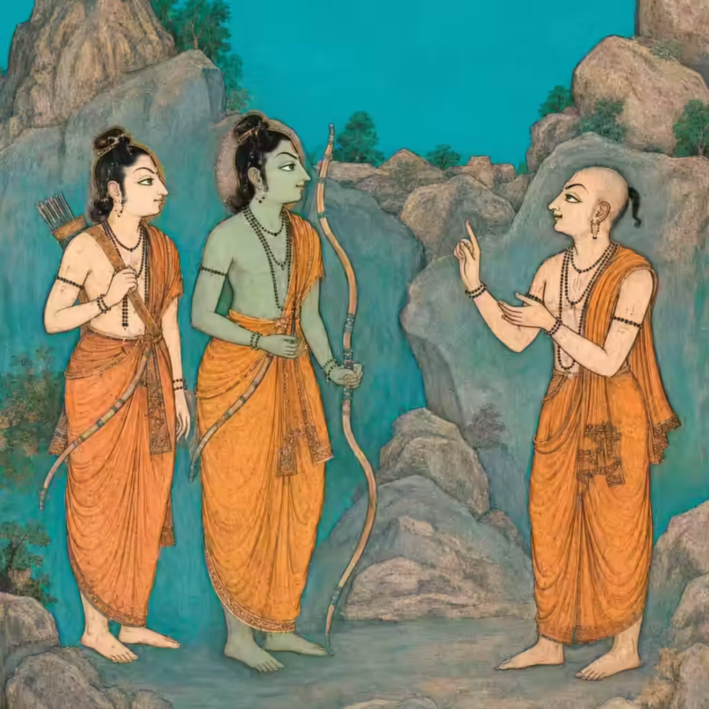 A miniature-style artwork showing Hanuman ji in a Brahmin disguise speaking with perfectly balanced speech to Lord Rama and Lakshmana in Kishkindha.
