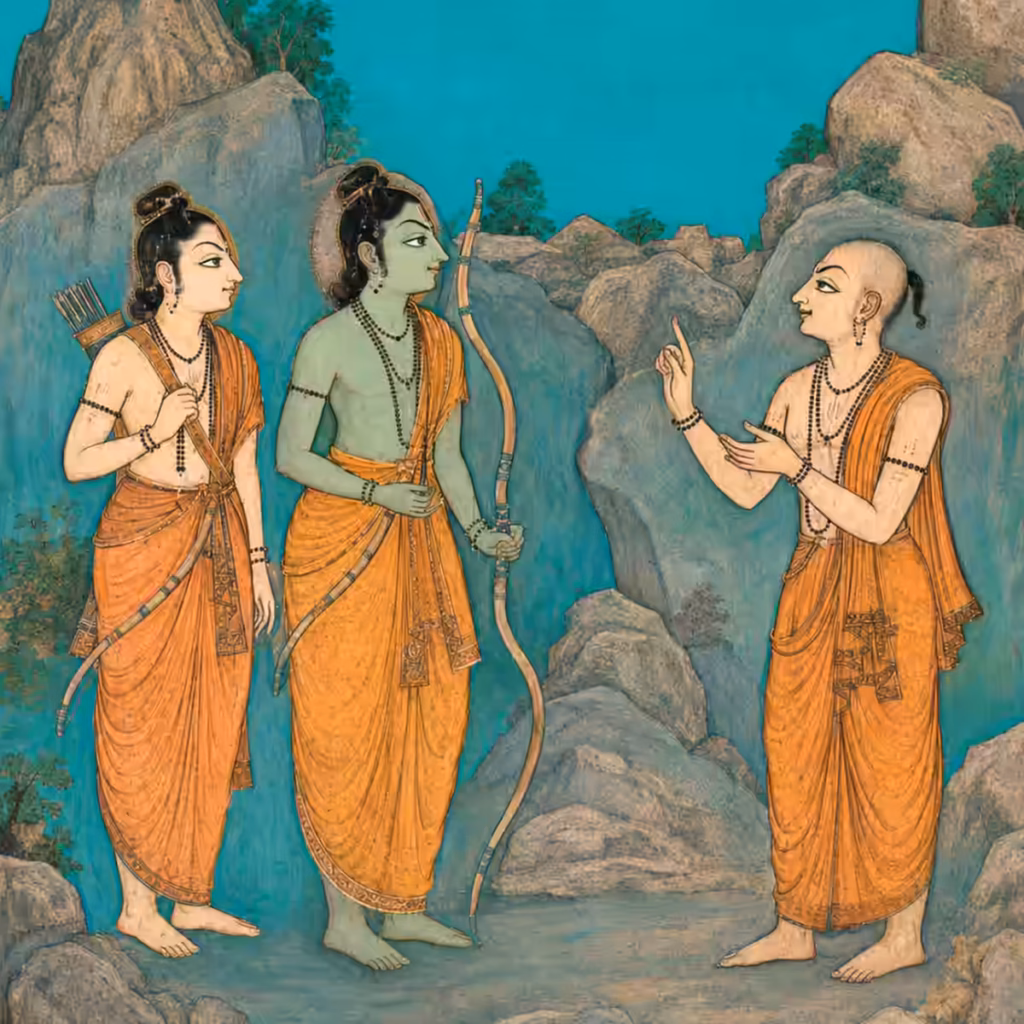 A miniature-style artwork showing Hanuman ji in a Brahmin disguise speaking with perfectly balanced speech to Lord Rama and Lakshmana in Kishkindha.