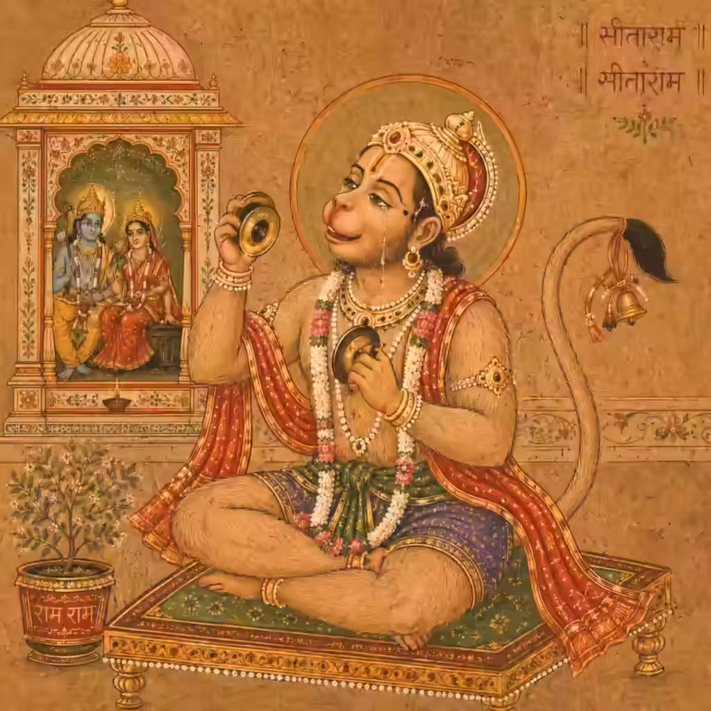 Sri Hanuman ji joyfully chanting Sri Rama Nama with cymbals, demonstrating the spontaneous love and devotion that is the ultimate fruit of sadhana.