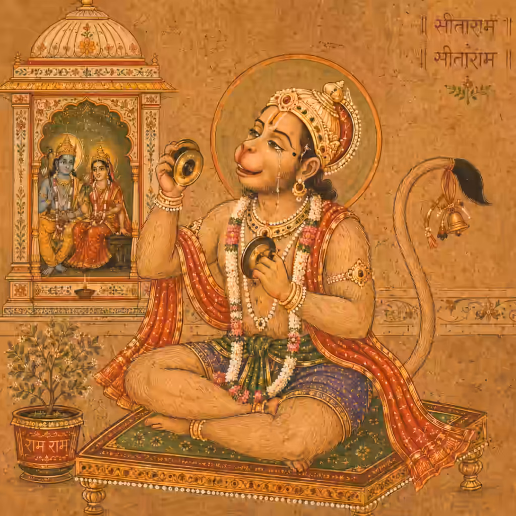 Sri Hanuman ji joyfully chanting Sri Rama Nama with cymbals, demonstrating the spontaneous love and devotion that is the ultimate fruit of sadhana.