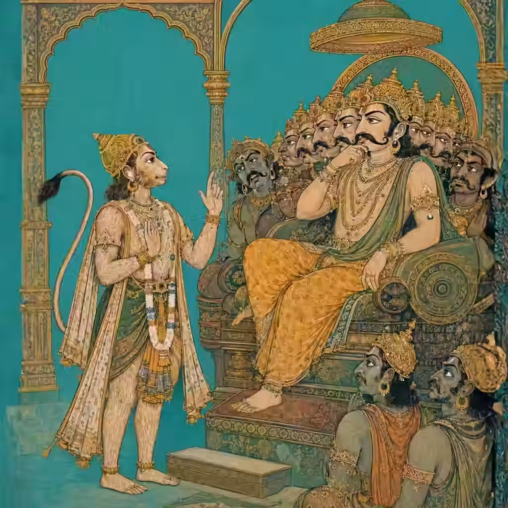 A Rajput-style painting of Sri Hanuman demonstrating eloquent speech and diplomacy in Ravana's court, reflecting the enhanced communication skills bestowed by the mantra.