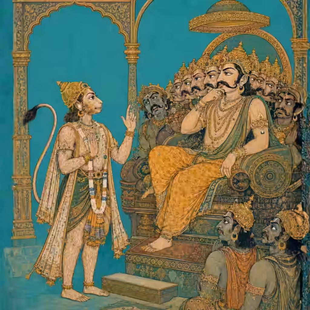 A Rajput-style painting of Sri Hanuman demonstrating eloquent speech and diplomacy in Ravana's court, reflecting the enhanced communication skills bestowed by the mantra.