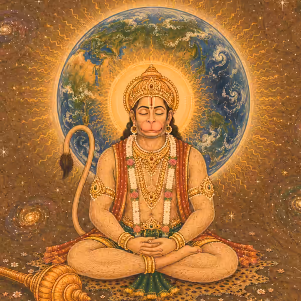 Lord Hanuman in meditation with the Earth in the background, symbolizing that He physically exists on earth to this day and is approachable to sincere seekers.