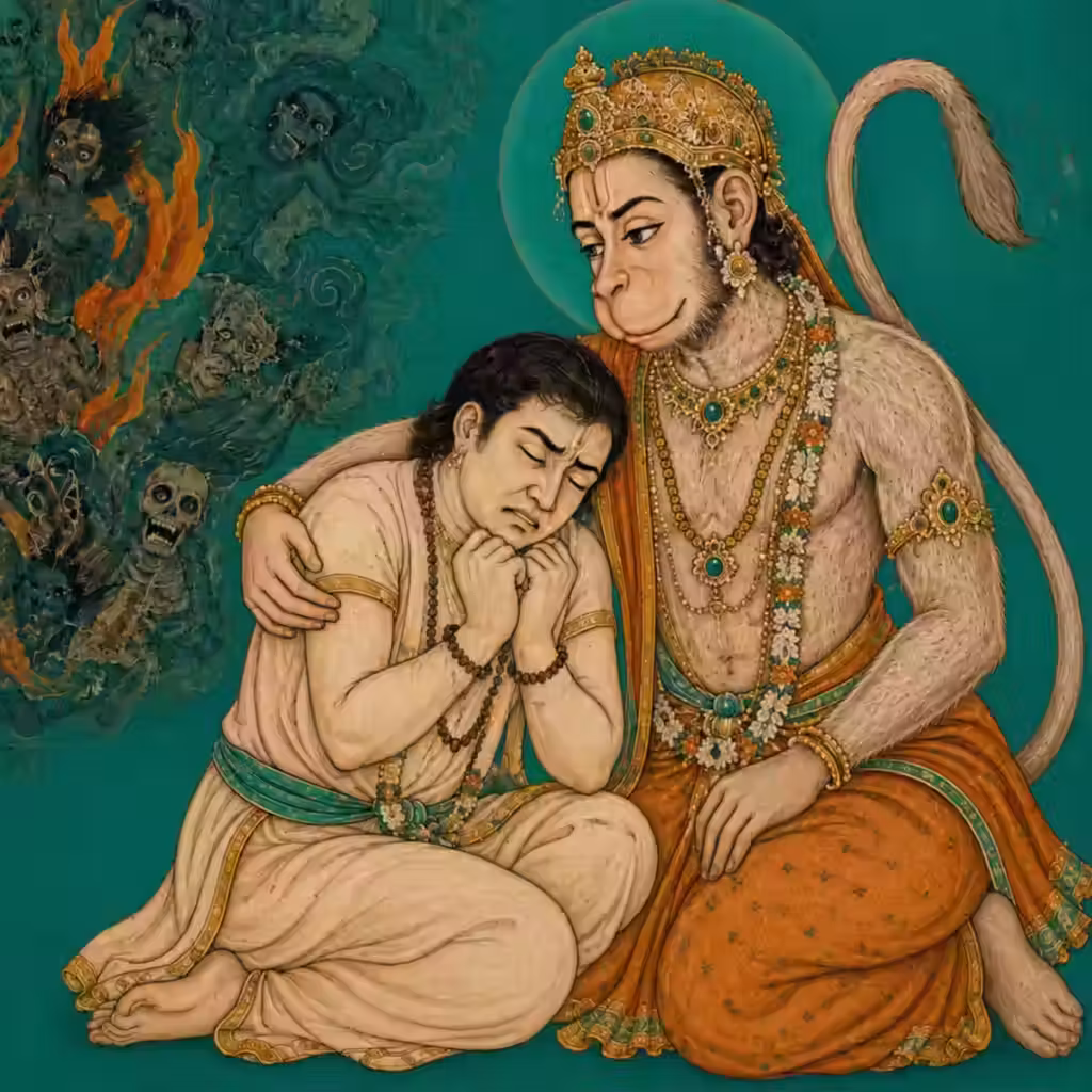 Imagen reconfortante de Sri Hanumanji protegiendo a un sadhaka de peligros ocultos, pensamientos negativos y temores.