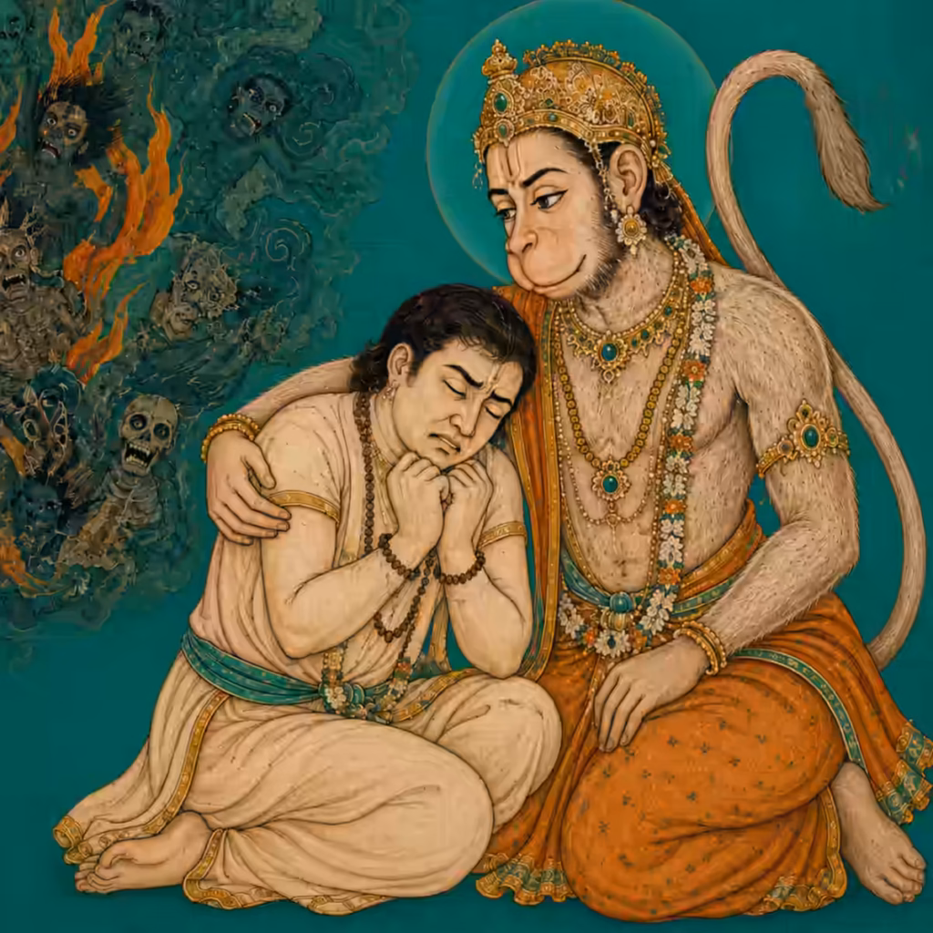 A comforting artwork of Sri Hanuman ji shielding a devoted sadhaka from unseen dangers, negative thought patterns, and psychological fears.