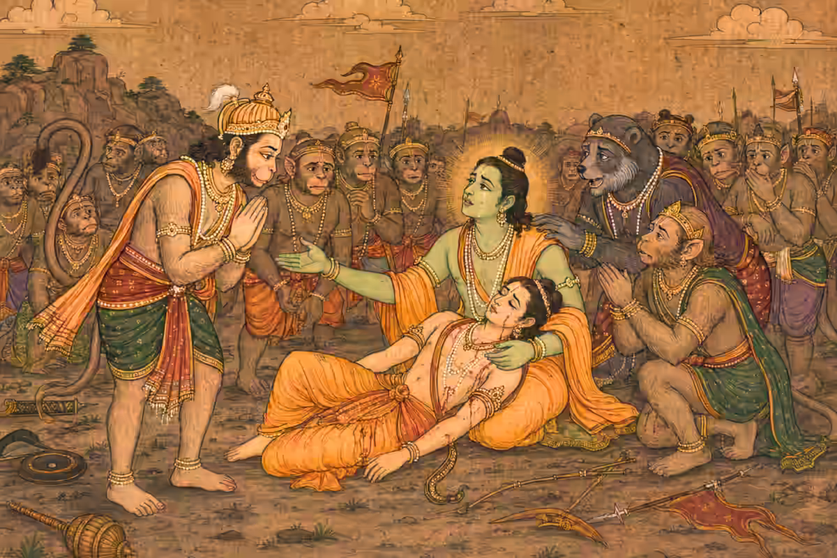 A classic Ramayana scene where Sri Hanuman ji acts as the savior for Lord Rama and Lakshmana, showcasing His role as the crest jewel among devotees.