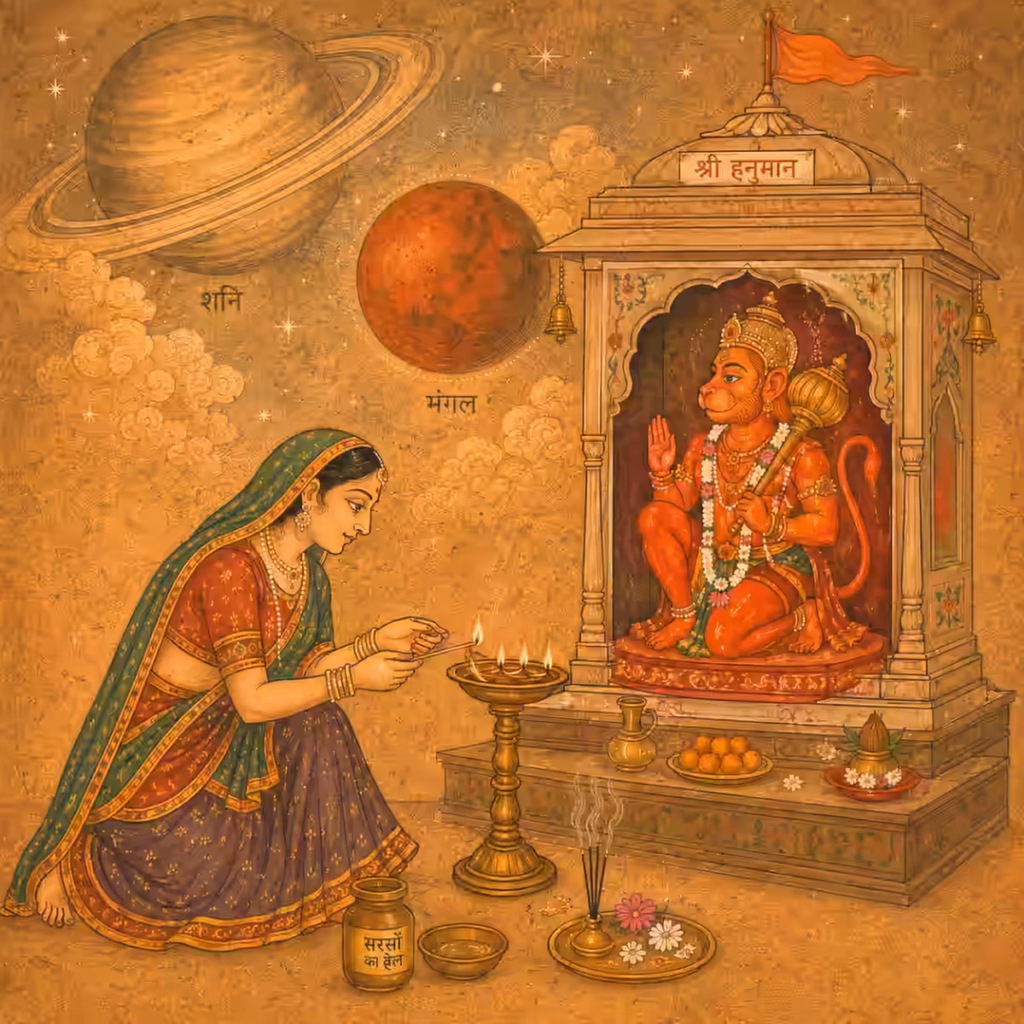 A woman performing traditional Hanuman Sadhana by lighting a lamp, with planets Shani and Mangal in the background, illustrating astrological remedies.