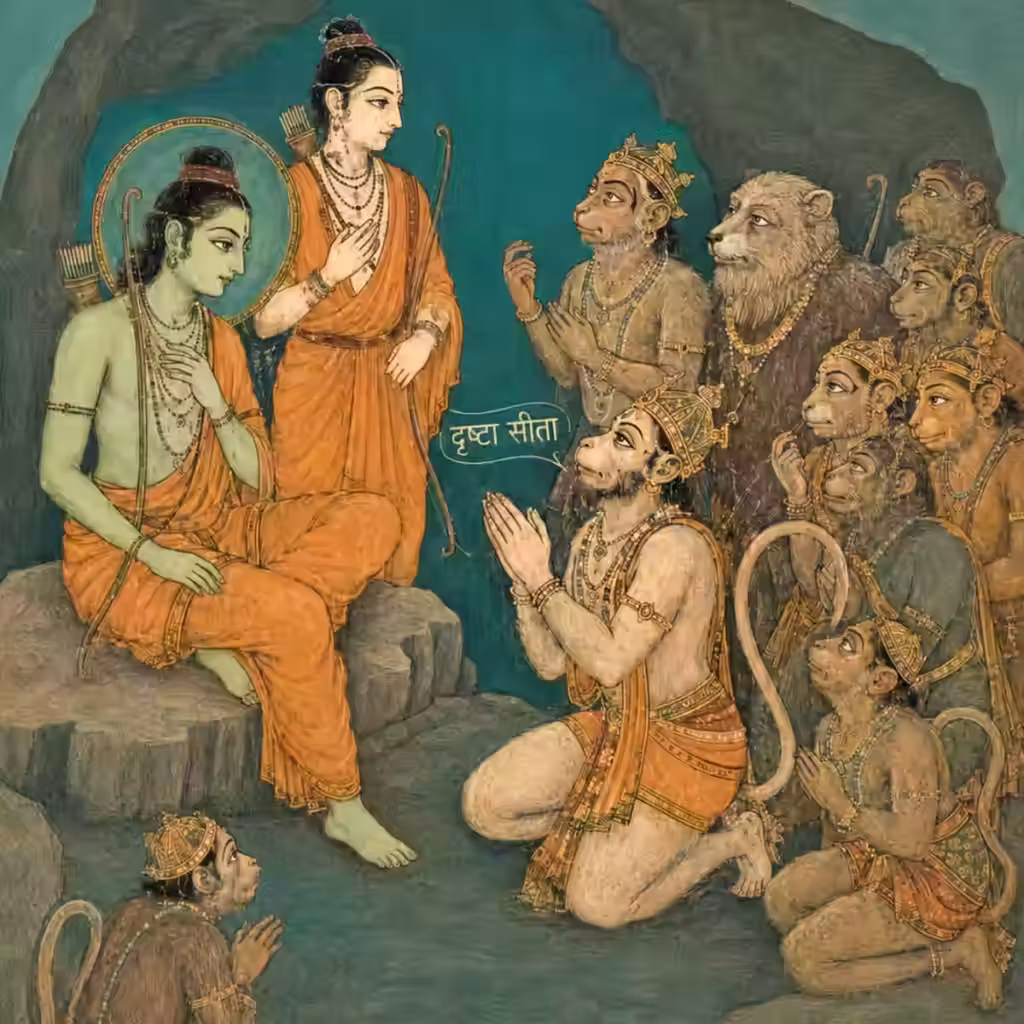 A traditional Indian painting illustrating Sri Hanuman ji Maharaj saying 'Drishta Sita' to Lord Rama , showcasing his extraordinary emotional intelligence and devotion over mere political formalities.