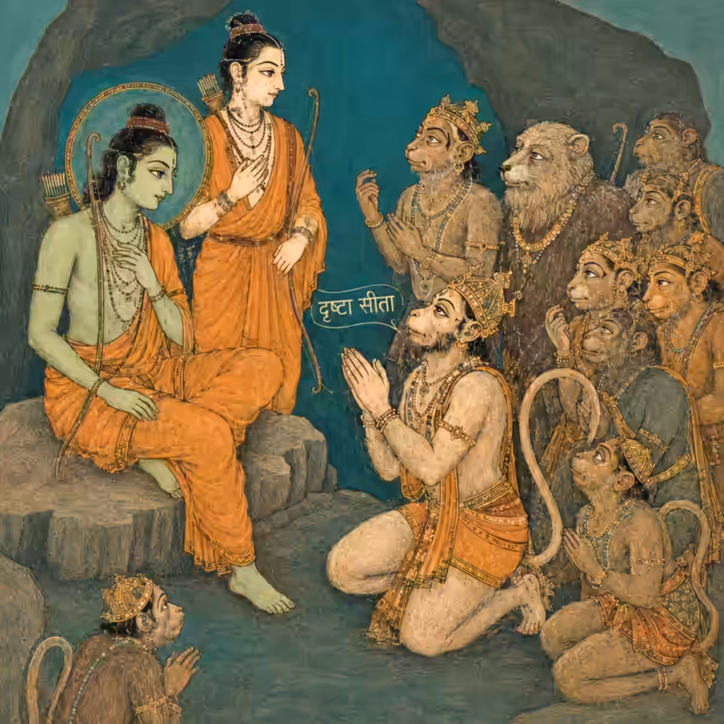 A traditional Indian painting illustrating Sri Hanuman ji Maharaj saying 'Drishta Sita' to Lord Rama , showcasing his extraordinary emotional intelligence and devotion over mere political formalities.