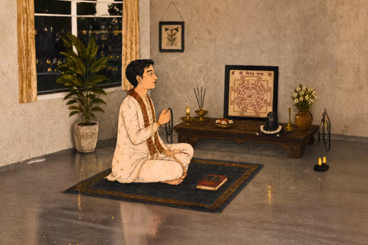 A young practitioner sitting peacefully at home, chanting with a mala in front of a framed Shri Bhairav Yantra and a black Shiva Lingam.