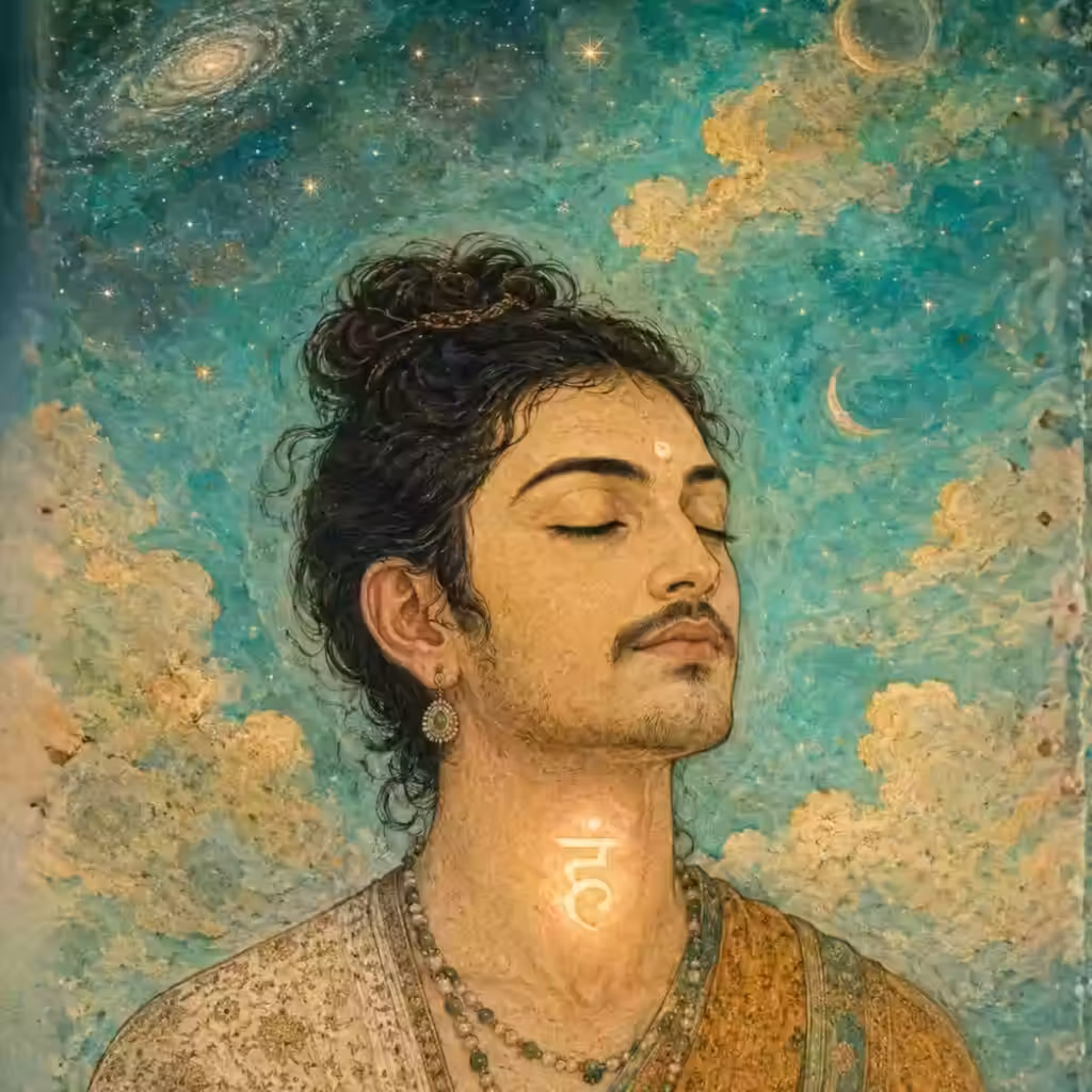 A serene depiction of a sadhaka meditating, highlighting the activation of the Vishuddha Chakra and enhanced intuition through the chanting of the Hum beeja.