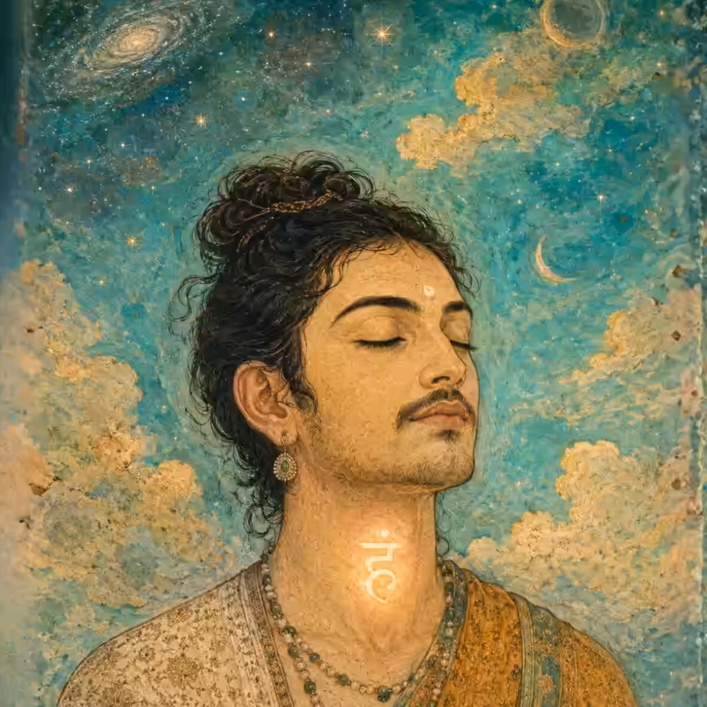 A serene depiction of a sadhaka meditating, highlighting the activation of the Vishuddha Chakra and enhanced intuition through the chanting of the Hum beeja.