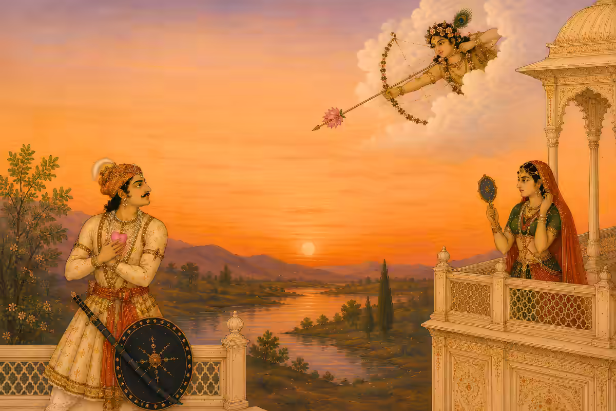 Shri Kamadeva floating in the sunset clouds, shooting a delicate flower arrow at the heart of a royal warrior looking up at a princess, symbolizing the Pushpabana form of love.