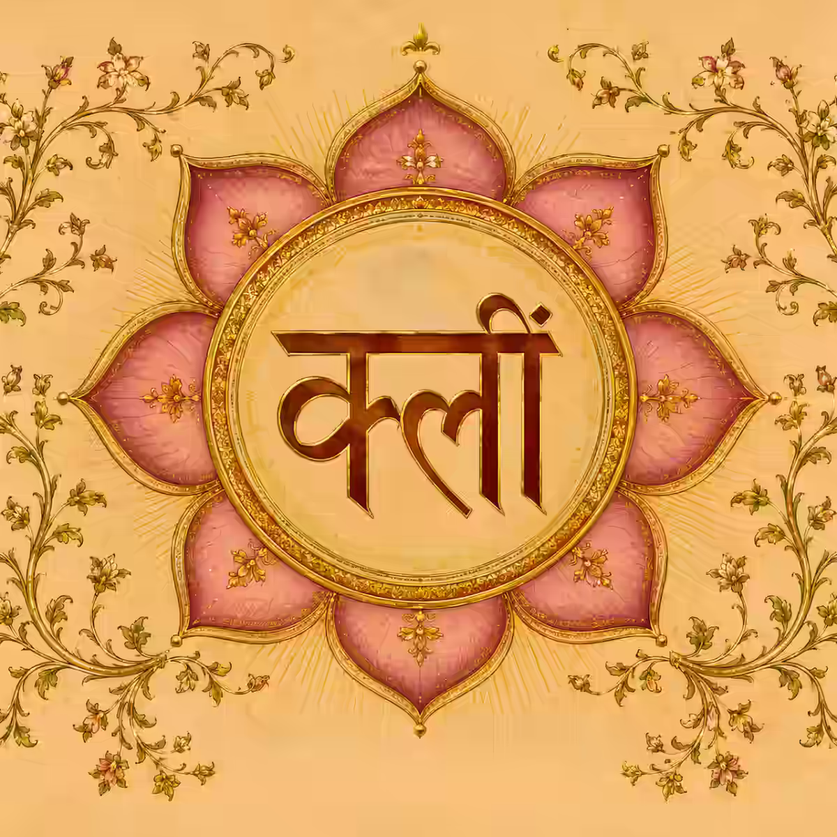 he sacred Kleem Beeja mantra elegantly inscribed at the center of a pink eight-petalled lotus, serving as the powerful core of the Shri Kamadeva Yantra.