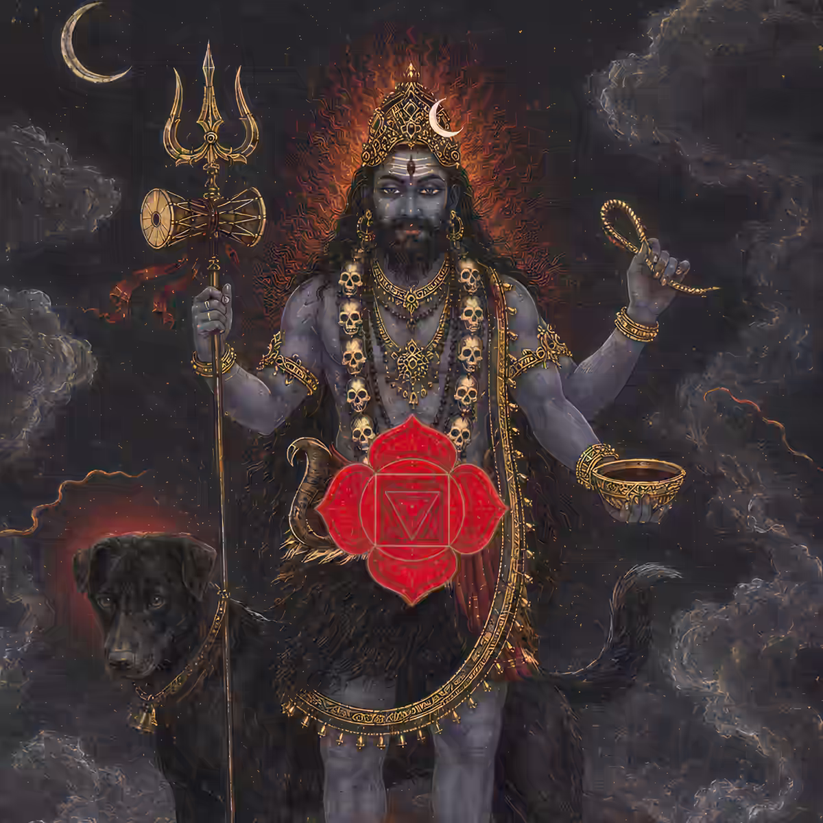 A powerful depiction of Lord Bhairava holding his divine weapons, layered with a glowing red Muladhara root chakra symbol and his black dog vahana.