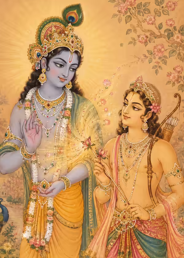 Lord Krishna standing alongside Kamadeva holding a floral bow, symbolizing the connection between Lord Krishna and Kamadeva through the shared Kleem Beeja mantra.