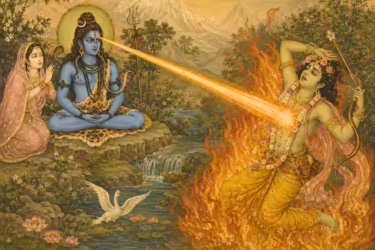 A classic painting of Lord Shiva opening his third eye to release a beam of fire, burning Kamadeva to ashes, symbolizing the Bhasmasarira aspect of overcoming physical lust.