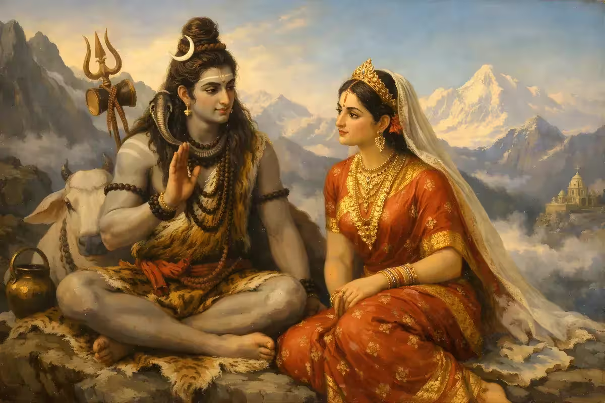 Lord Shiva and Devi Parvati discussing about the Supreme Being who would guide mankind.