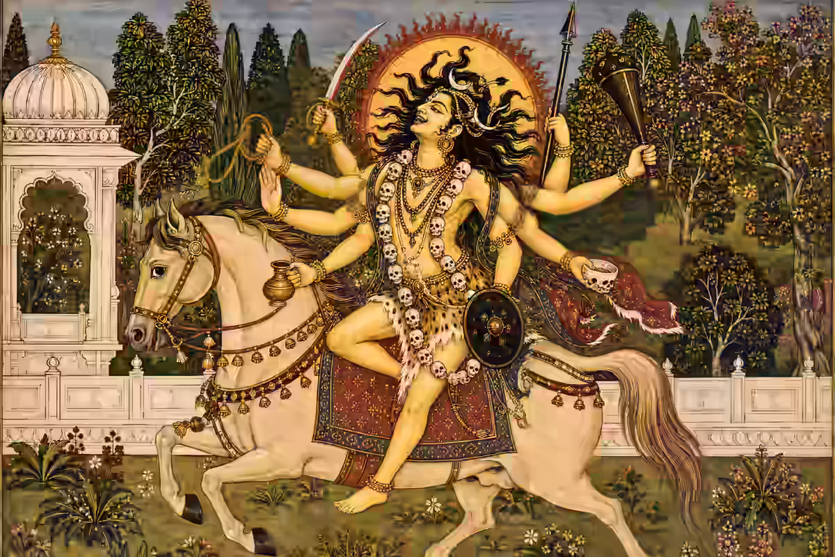 Traditional Indian painting depicting Lord Unmatta Bhairava riding and dancing with a white horse, symbolizing the destruction of karmic cycles and rapid spiritual elevation