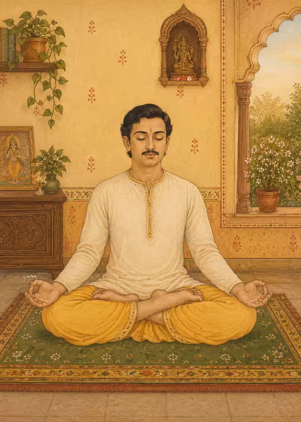 A serene man meditating deeply in the lotus position inside a traditional room, representing the daily focus and calmness required for Yantra meditation.