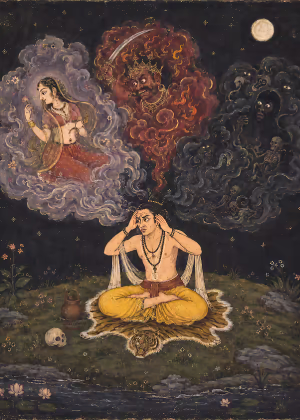 A practitioner meditating while visualizing and overcoming inner mental obstacles, represented by symbolic visions of desire, anger, and fear.