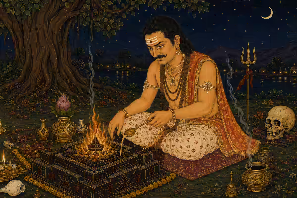 A practitioner performing an intense fire homa at night with a skull and yantras, symbolizing the unconventional occult practices people seek during difficult times.