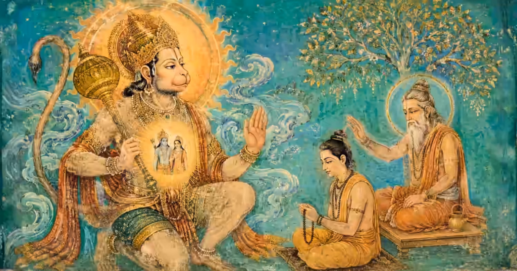 A vibrant Tanjore-influenced header illustration featuring Sri Hanuman ji with Lord Rama in His heart, blessing a chanting sadhaka under proper Guru guidance.
