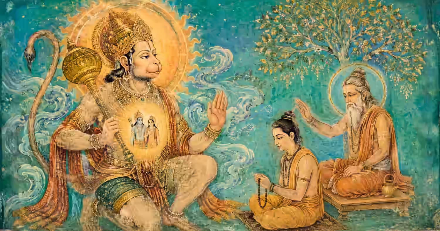 A vibrant Tanjore-influenced header illustration featuring Sri Hanuman ji with Lord Rama in His heart, blessing a chanting sadhaka under proper Guru guidance.