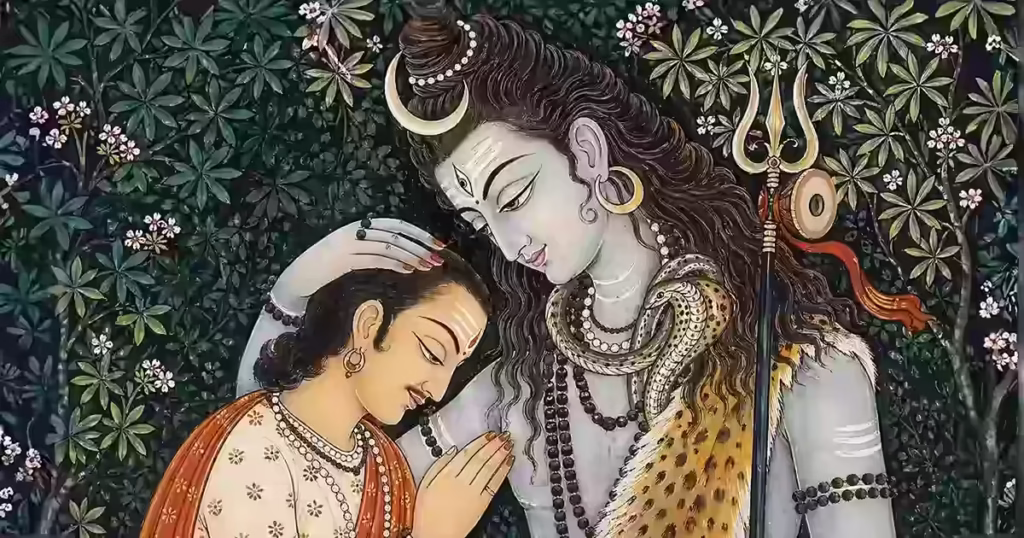 A beautiful traditional painting of Lord Shiva gently blessing a devoted seeker, illustrating the profound calmness, safety, and protective grace offered by chanting the Om Namo Bhagavate Rudraya mantra.