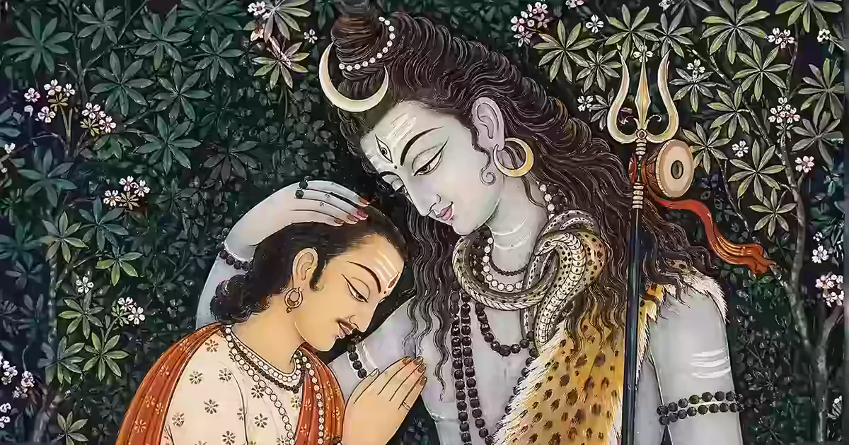 A beautiful traditional painting of Lord Shiva gently blessing a devoted seeker, illustrating the profound calmness, safety, and protective grace offered by chanting the Om Namo Bhagavate Rudraya mantra.