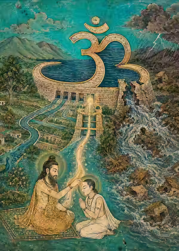 Ilustración que compara la sílaba Om con una presa, para explicar cómo la iniciación orienta de forma segura la energía potencial del mantra.