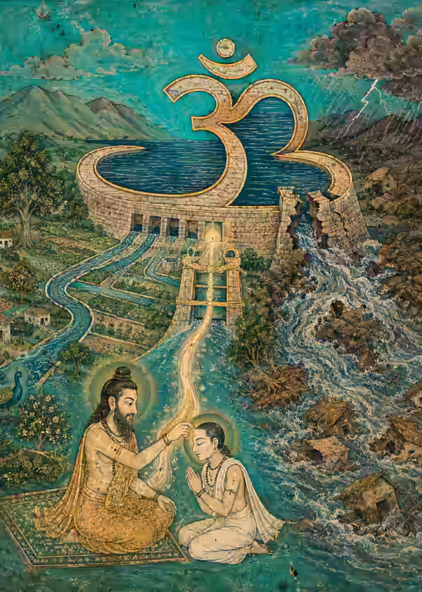 A detailed artwork illustrating the Om syllable acting as a dam, demonstrating how Guru initiation channels the tremendous potential energy of the mantra safely.