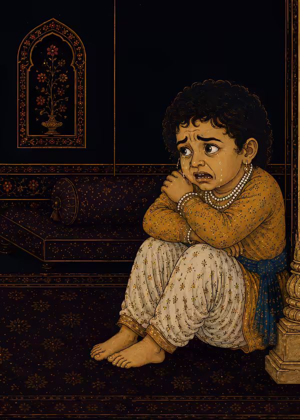 scared child crying alone in a room, illustrating the unexplained, deep-rooted childhood fears and phobias that Bhairava Sadhana can help heal.