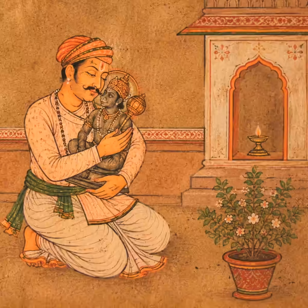 A devotee affectionately holding a deity, representing that pure Bhakti and spontaneous love are the ultimate fruits of all sincere spiritual endeavors.