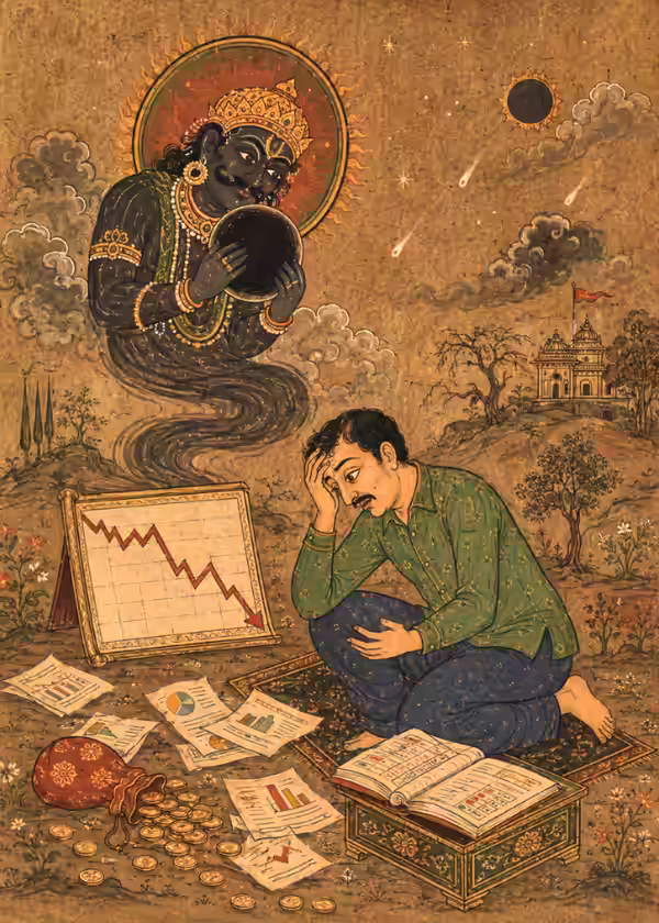 A man facing sudden financial loss in the share market due to planetary afflictions, a karmic challenge that can be navigated through Guru-guided sadhana.