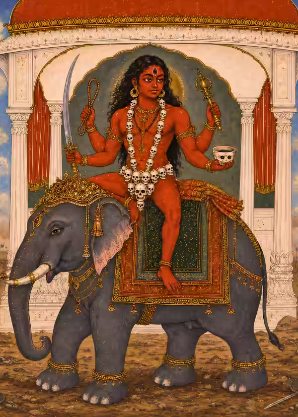 Tanjore style inspired artwork of a fierce Kapala red Bhairava riding an elephant, demonstrating the immense spiritual power