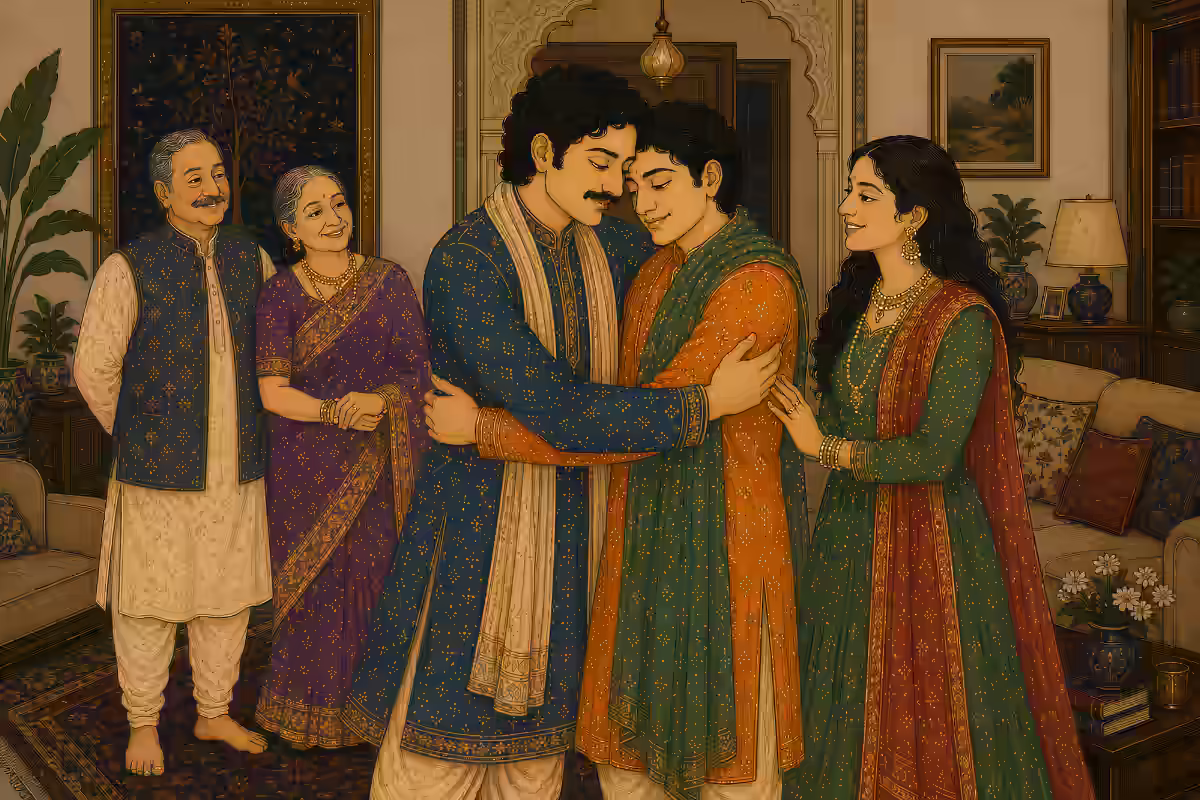 A joyful family reunion with men hugging, demonstrating the harmonious resolution of past property and familial conflicts through Yantra worship.