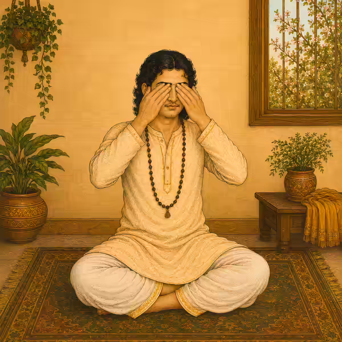A spiritual seeker meditating with his hands covering his eyes, demonstrating finishing the Yantra sadhana.