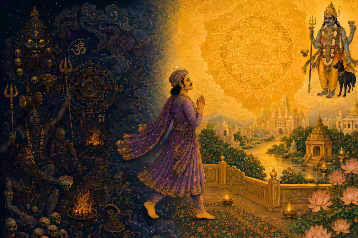 An illustration of a man walking away from a dark realm of fierce deities toward a glowing golden city and Satvikness.