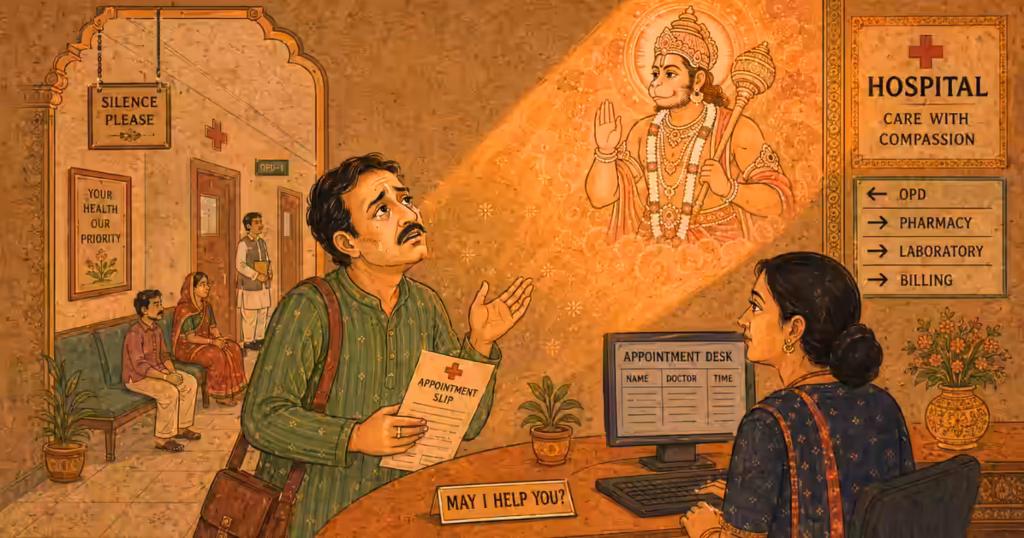 A distressed man in a hospital receiving the spiritual vision of Sri Hanumanji Maharaj, depicting His grace as Sankat Mochan during life crises.