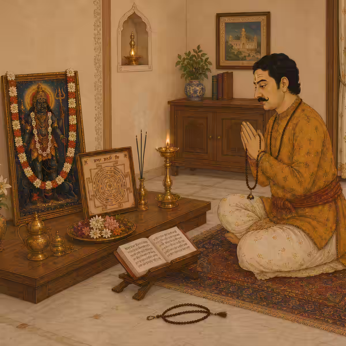A householder performing a safe, Sattvik Bhairava Yantra puja at his home altar, representing the peaceful Dakshinachara path.