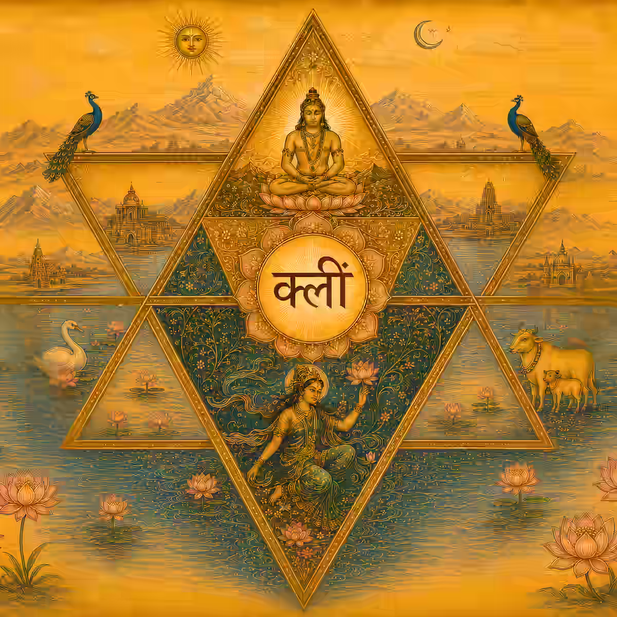 An intricate golden hexagram or Shatkona featuring the Kleem beeja in the center, with a meditating male deity in the upward triangle representing Purusha, and a female deity in the downward triangle representing Prakriti.
