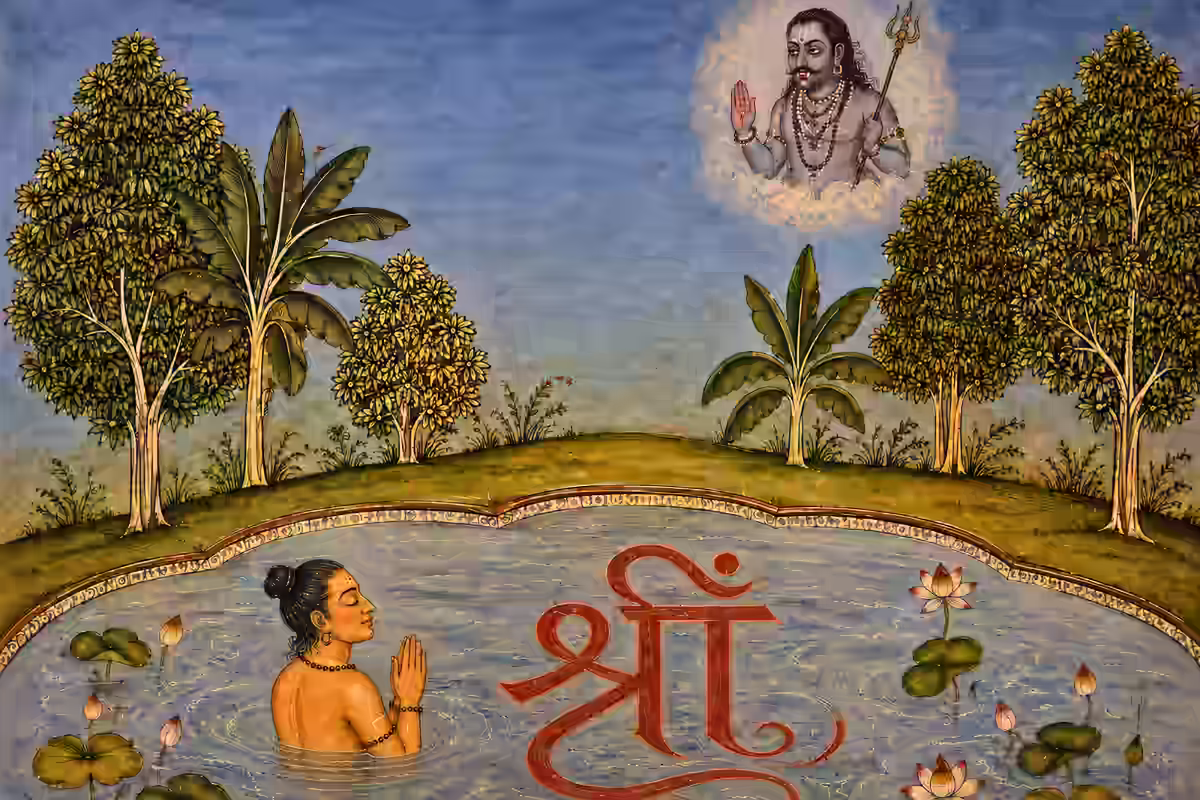 raditional Rajput style painting of a devotee meditating on the Shreem Beeja in a lotus pond, representing the soothing water element at the core of the Bhairava Yantra. While Lord Bhairava blessing him.