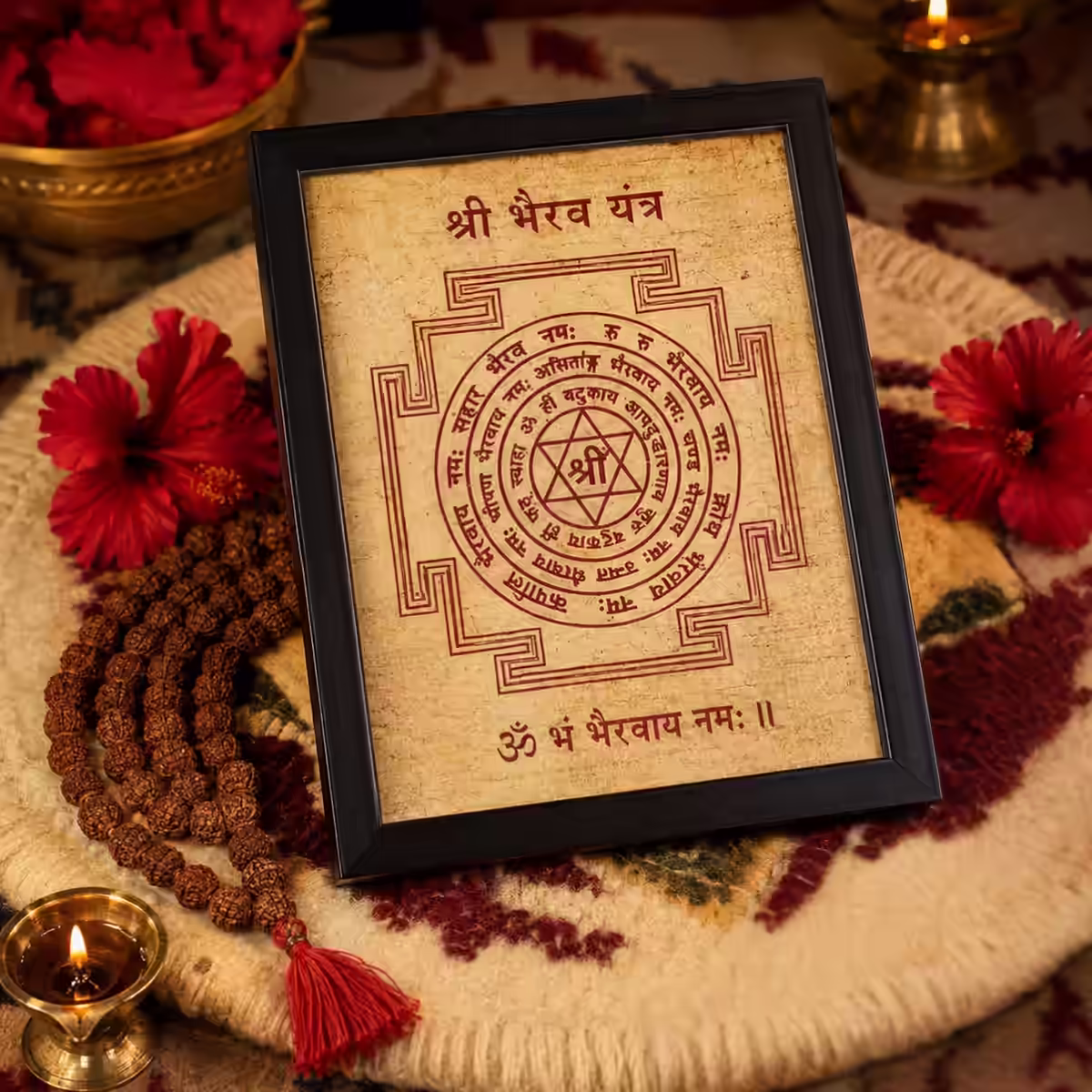A framed Shri Bhairav Yantra displayed on a traditional mat alongside a rudraksha mala, a black chanting mala, red hibiscus flowers, and a lit brass diya for daily mantra japa and sadhana.
