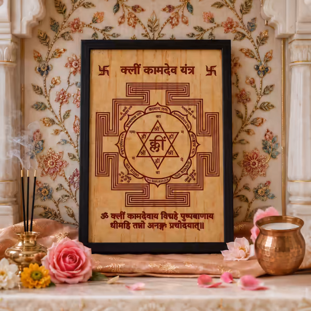 A beautifully framed Shri Kamadeva Yantra displayed on an altar with roses and incense, used as an effective remedy for love and harmony between couples.