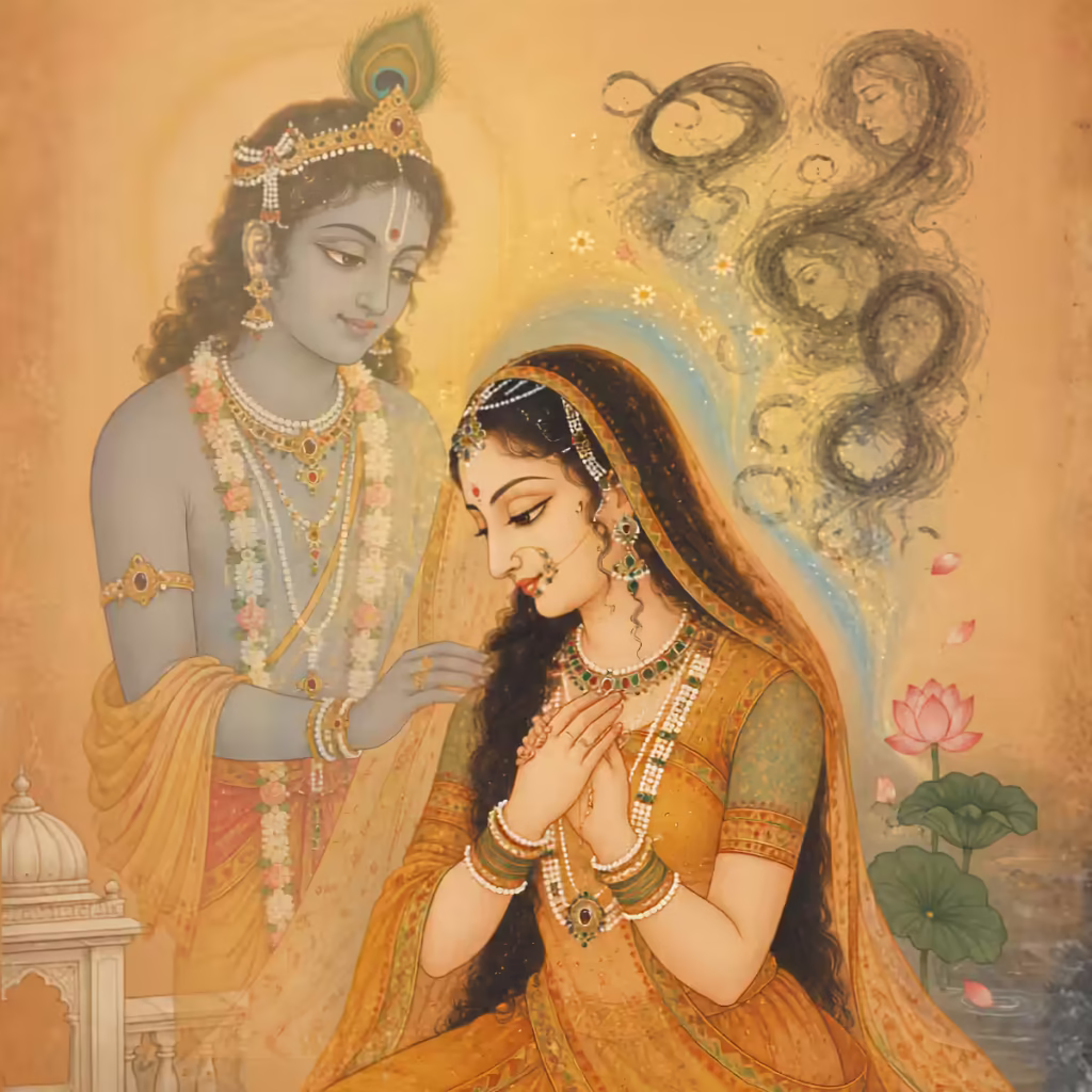 Traditional painting of the eternal Divine Couple, Shri Shri Radha Krishna, symbolizing pristine love and the bliss-giving Hladini Shakti that softens relationship sorrows.