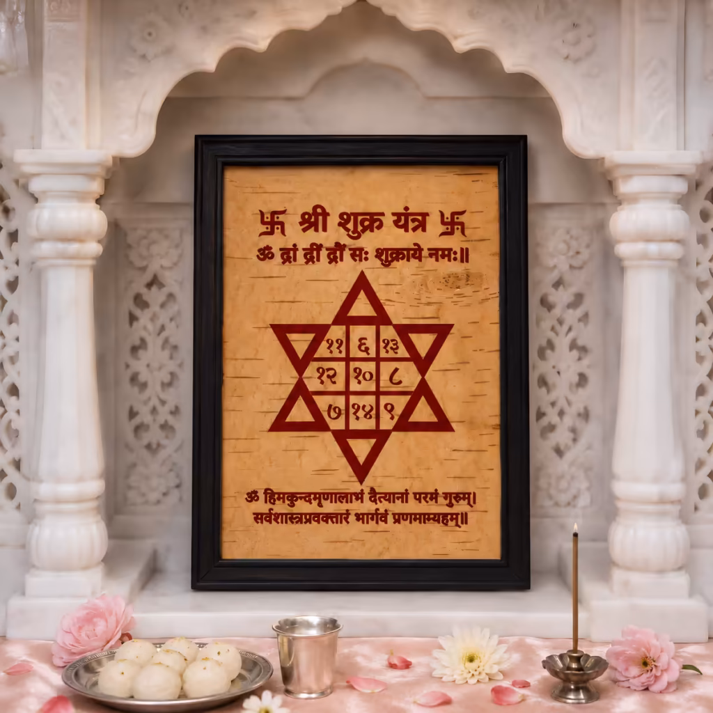 A framed Shri Shukra Yantra placed in a white marble shrine with offerings of sweets, serving as an astrological remedy for relationships.