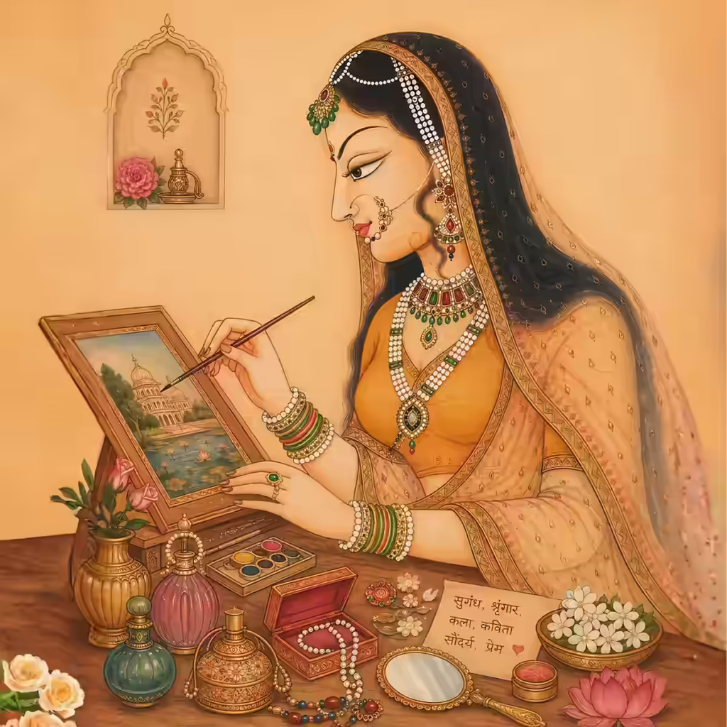 Traditional artwork of a woman painting alongside perfumes and cosmetics, symbolizing the feminine spark of Venus that promotes attraction through arts, poetry, and creative endeavors.