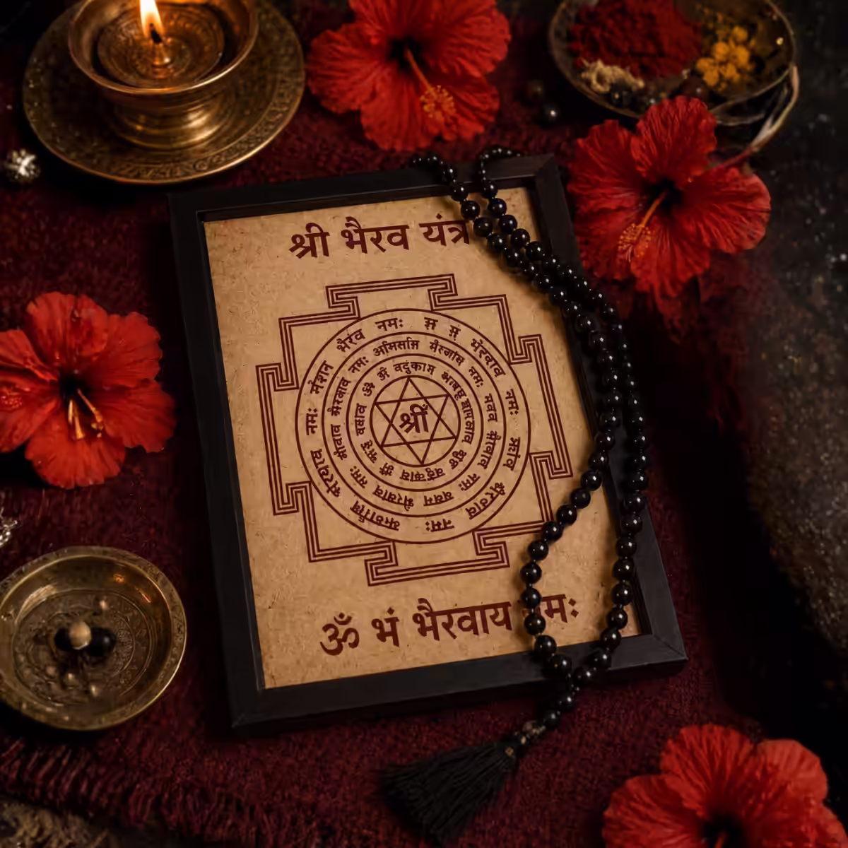 A framed Shri Bhairav Yantra displayed on a traditional mat alongside a rudraksha mala, a black chanting mala, red hibiscus flowers, and a lit brass diya for daily mantra japa and sadhana.